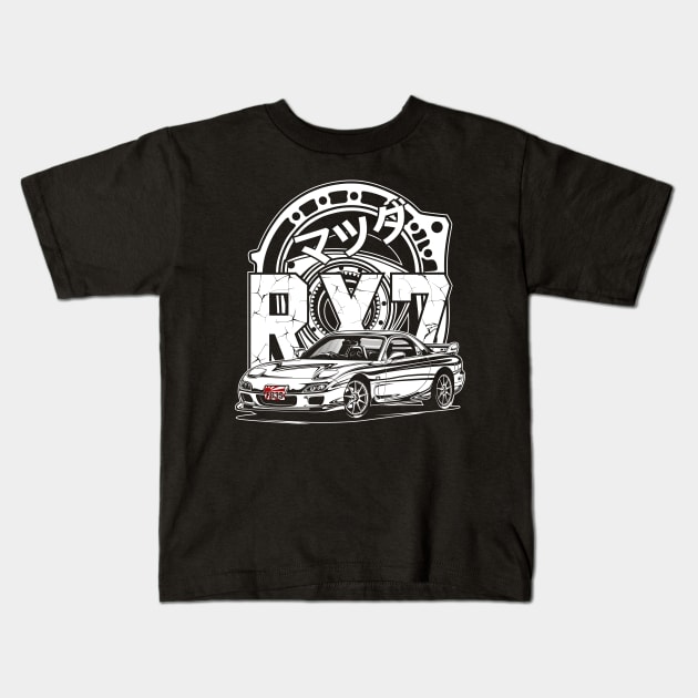 RX7 FD3S Rotary Engine (White Print) Kids T-Shirt by idrdesign
